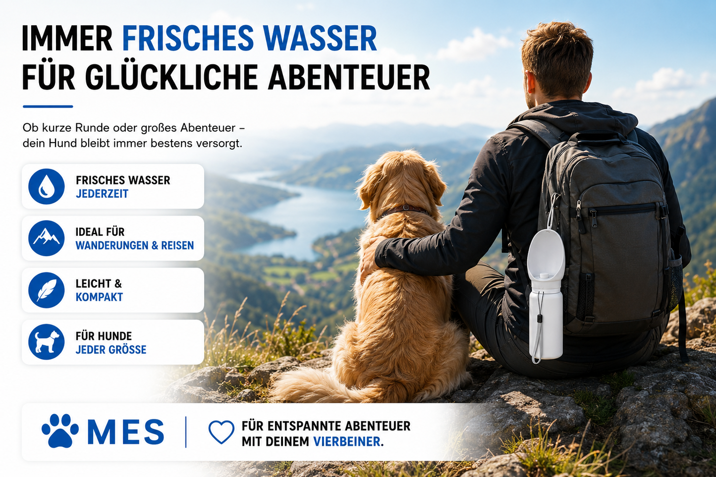 MES® Hunde Wasserflasche – Ideal für Spaziergänge, Reisen & Abenteuer