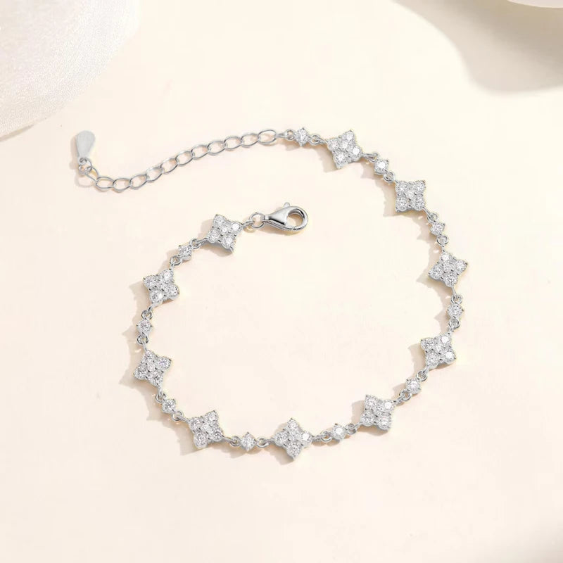 OXTAO Classic Moissanite Floral-Style Bracelet for Women 14K Gold Filled Clover Flower Four-leaf Bracelet Luxury Wedding Jewelry