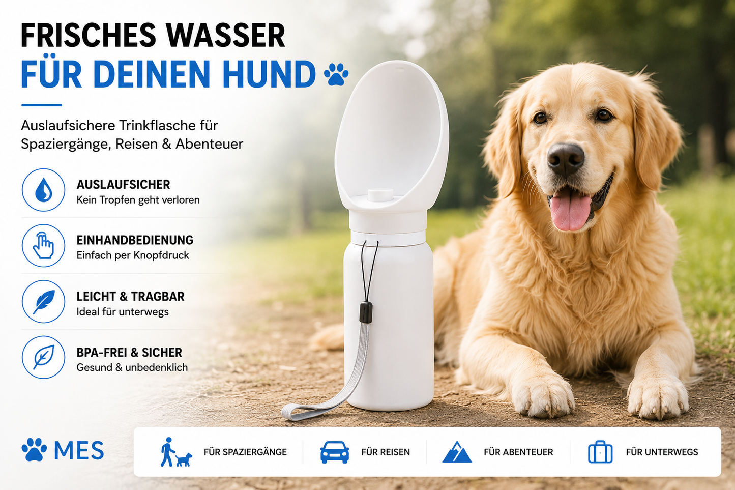 MES® Hunde Wasserflasche – Ideal für Spaziergänge, Reisen & Abenteuer