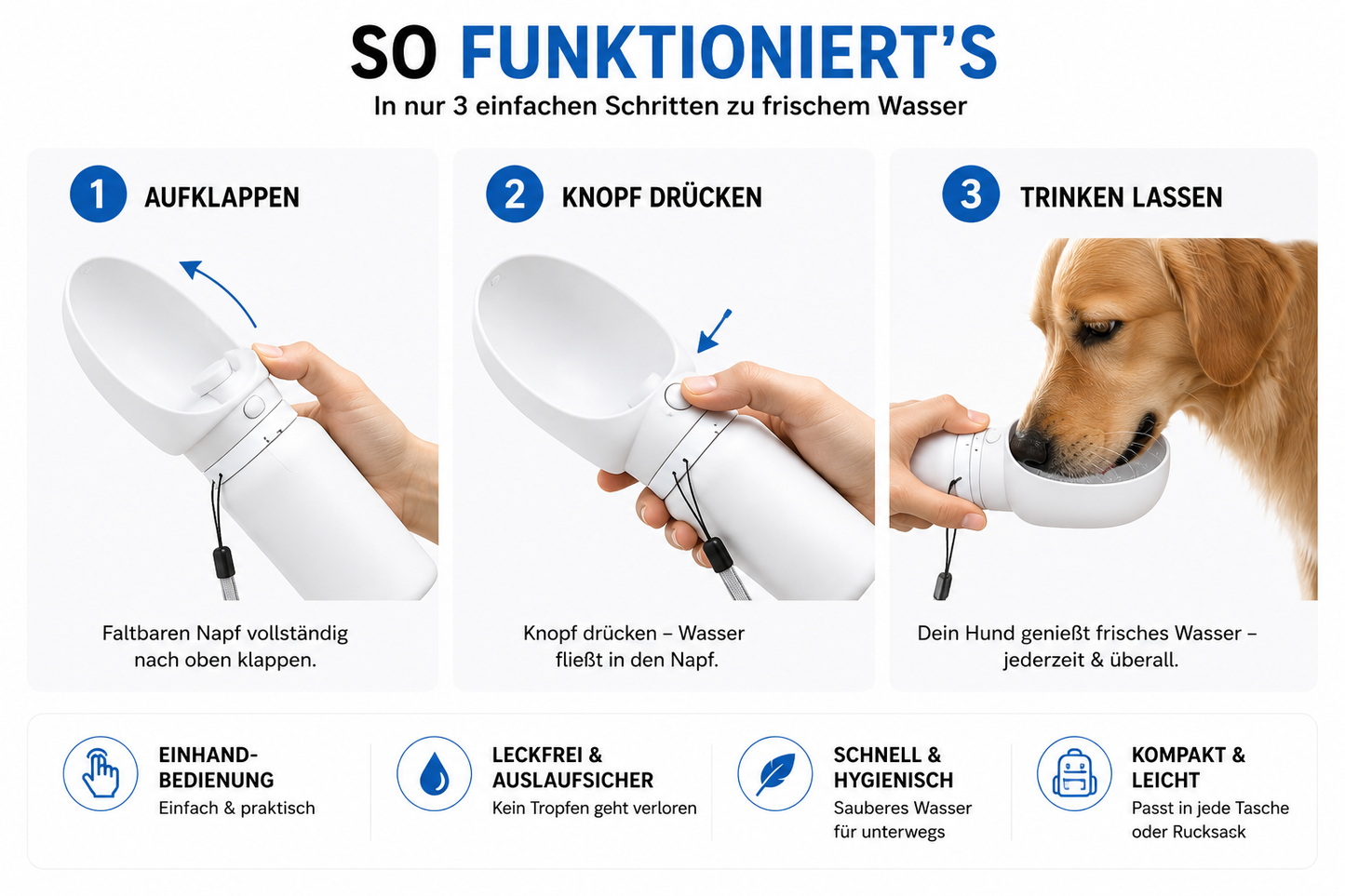 MES® Hunde Wasserflasche – Ideal für Spaziergänge, Reisen & Abenteuer
