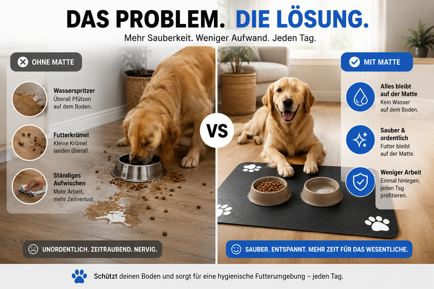 Wasserdichte Futtermatte – Schluss mit Wasser & Futterresten