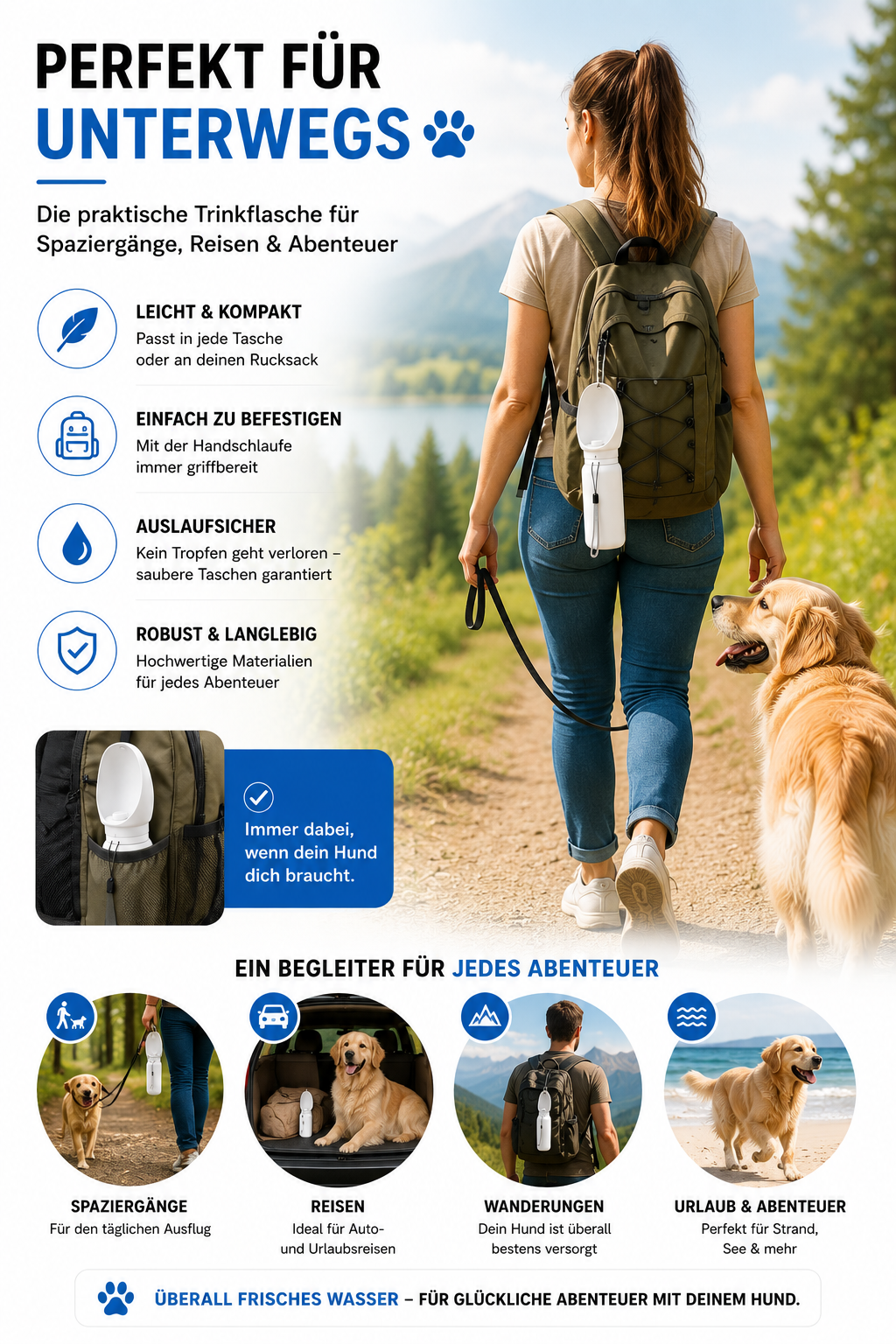 MES® Hunde Wasserflasche – Ideal für Spaziergänge, Reisen & Abenteuer