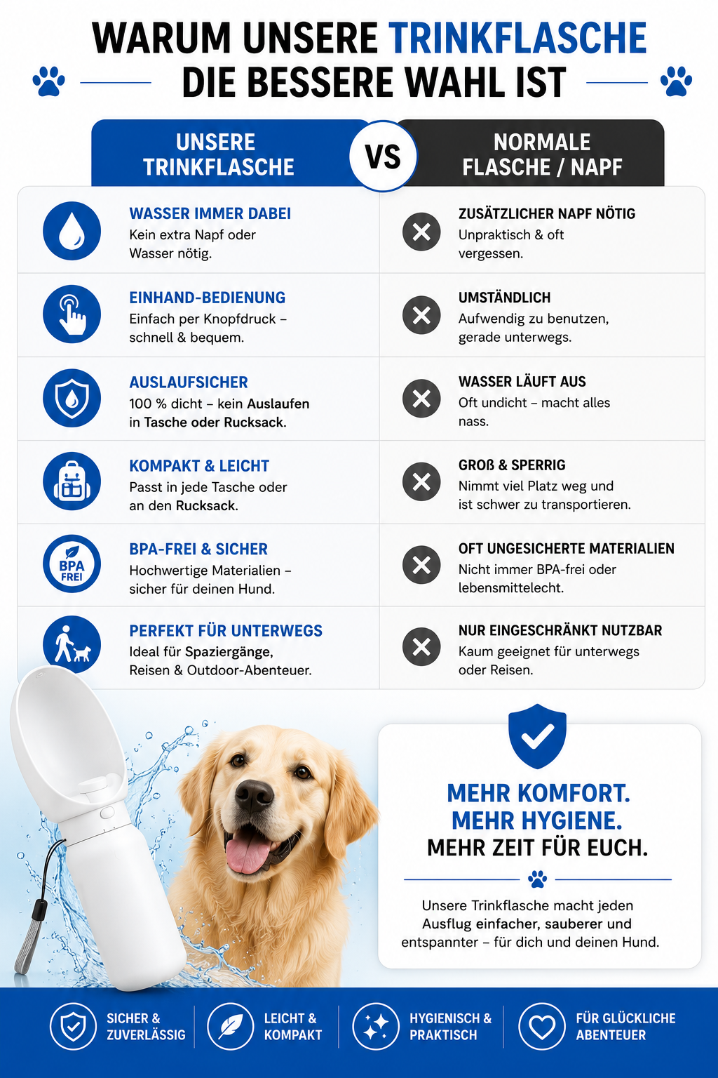 MES® Hunde Wasserflasche – Ideal für Spaziergänge, Reisen & Abenteuer