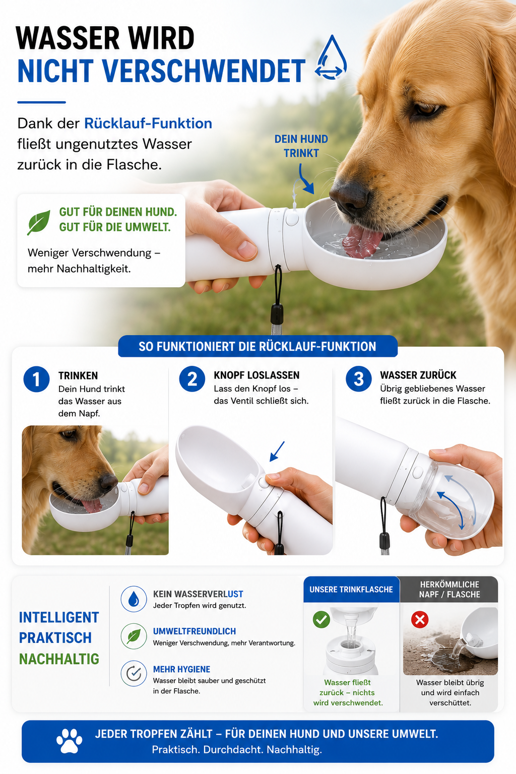 MES® Hunde Wasserflasche – Ideal für Spaziergänge, Reisen & Abenteuer
