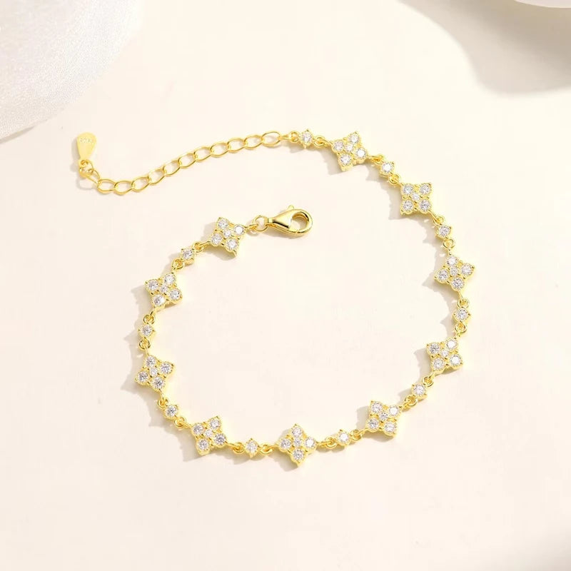 OXTAO Classic Moissanite Floral-Style Bracelet for Women 14K Gold Filled Clover Flower Four-leaf Bracelet Luxury Wedding Jewelry
