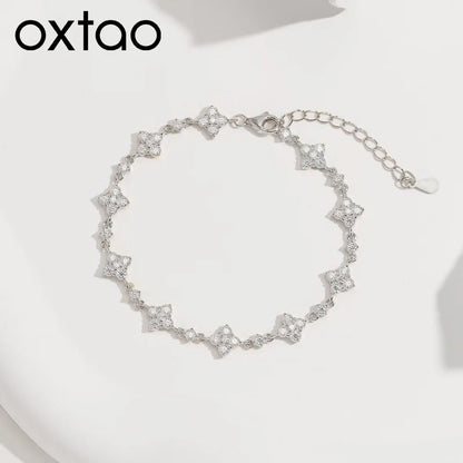 OXTAO Classic Moissanite Floral-Style Bracelet for Women 14K Gold Filled Clover Flower Four-leaf Bracelet Luxury Wedding Jewelry