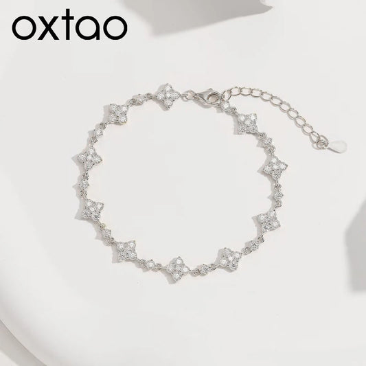 OXTAO Classic Moissanite Floral-Style Bracelet for Women 14K Gold Filled Clover Flower Four-leaf Bracelet Luxury Wedding Jewelry