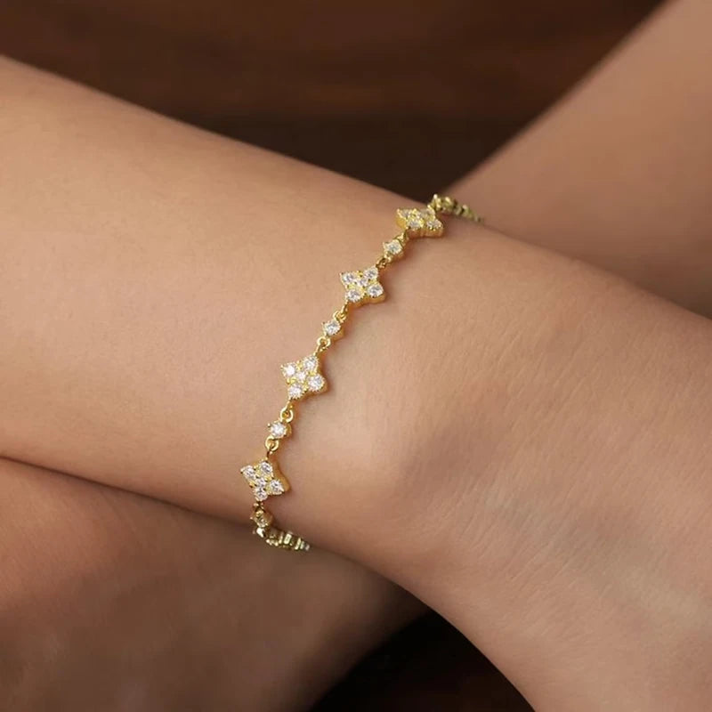 OXTAO Classic Moissanite Floral-Style Bracelet for Women 14K Gold Filled Clover Flower Four-leaf Bracelet Luxury Wedding Jewelry