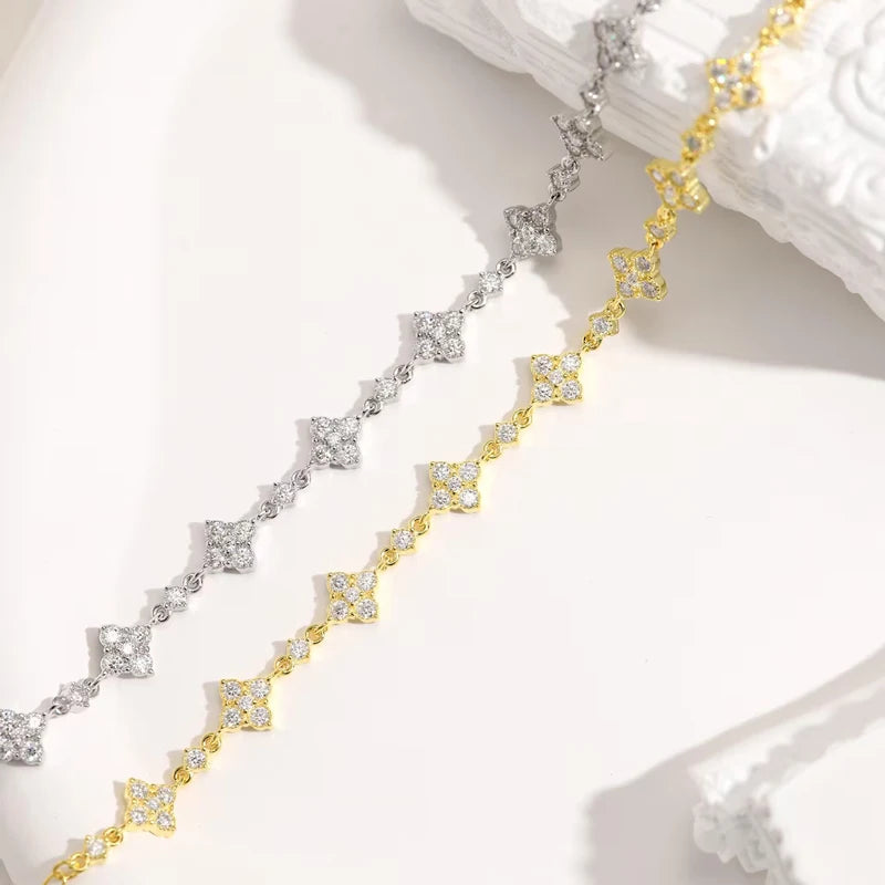 OXTAO Classic Moissanite Floral-Style Bracelet for Women 14K Gold Filled Clover Flower Four-leaf Bracelet Luxury Wedding Jewelry